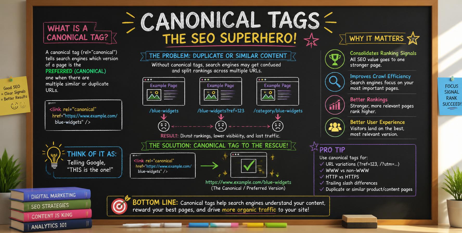 Canonical tags consolidate link equity and prevent duplicate content issues